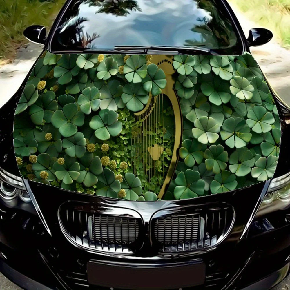 Four Leaf Clover and Golden Harp Car Hood Wrap Color Vinyl Sticker Truck Graphic Bonnet Auto Accessories Decoration Decal Gift