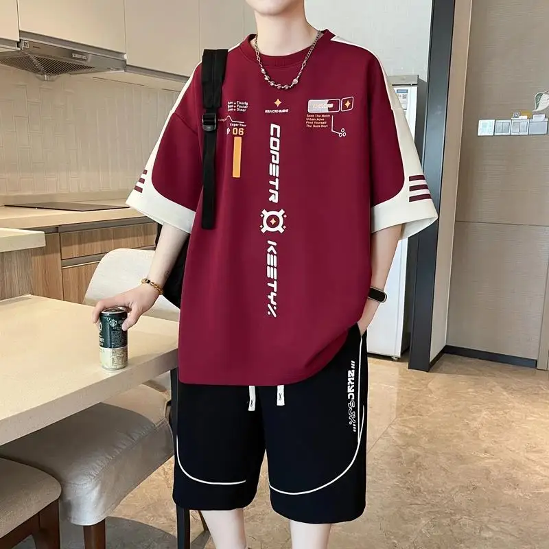 

Men's ort Sve Set Summer Thin round Ne Breathable Loose Five-Quarter Pants Trendy Student orm Casual Sportswear