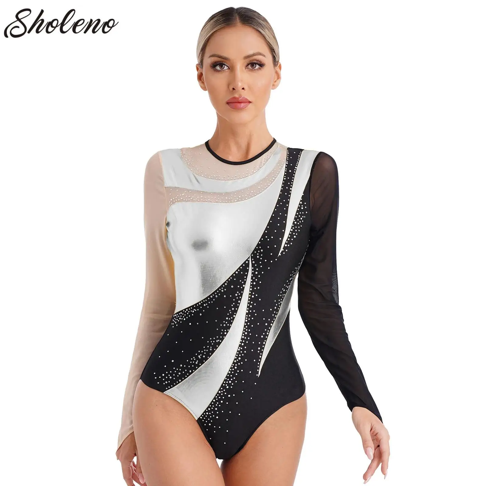 

Women Ballet Leotard Long Sleeve Dance Leotard Metallic Contrast Color Gymnastic Bodysuit Balllerina Outfits for Figure Skating