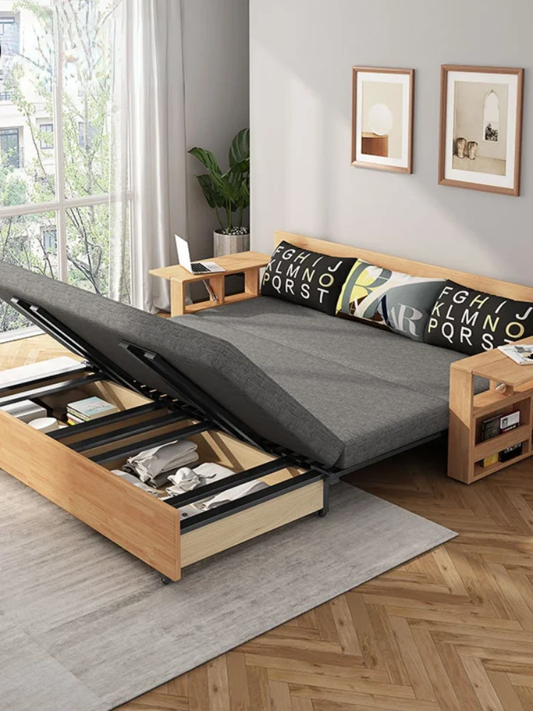 Solid Wood Sofa Bed Foldable Dual-Purpose Push-Pull Storage Living Room Desk Integrated Double Sofa