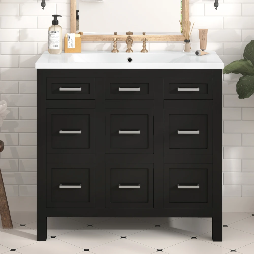 Kabinet Vanity kamar mandi 36 ", dengan wastafel terintegrasi Resin-4 laci, 2 pintu