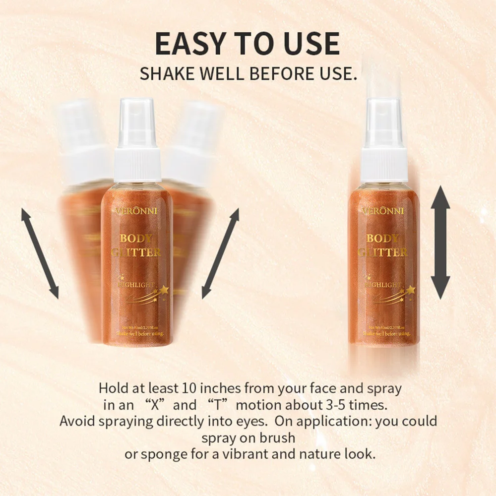 Spray evidenziatore liquido luccicante, evidenziatore liquido luminoso glitterato per viso corpo e capelli, trucco effetto lucido a lunga durata