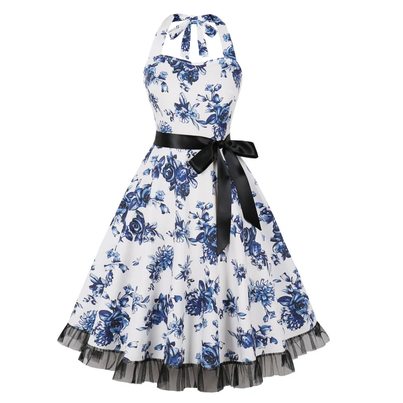 

French Retro Afternoon Tea Elegant Lady Printed Patchwork Ruffle Edge Hanging Neck Exposed Back Gentle Summer Blue Flower Dress