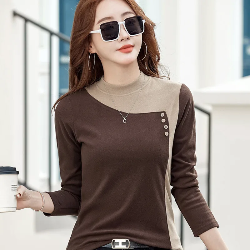 #0378 Spliced Color Long Sleeve T Shirt Women Half Turtleneck Slim Thick Warm Autumn Winter T Shirt Buttons Tee Shirt Femme