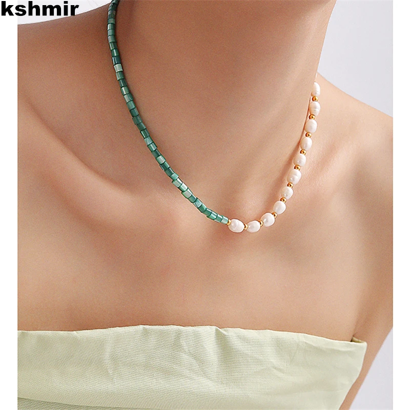 

kshmir Natural pearl Mosaic green malachite beaded necklace female light luxury clavicle chain temperament 2022