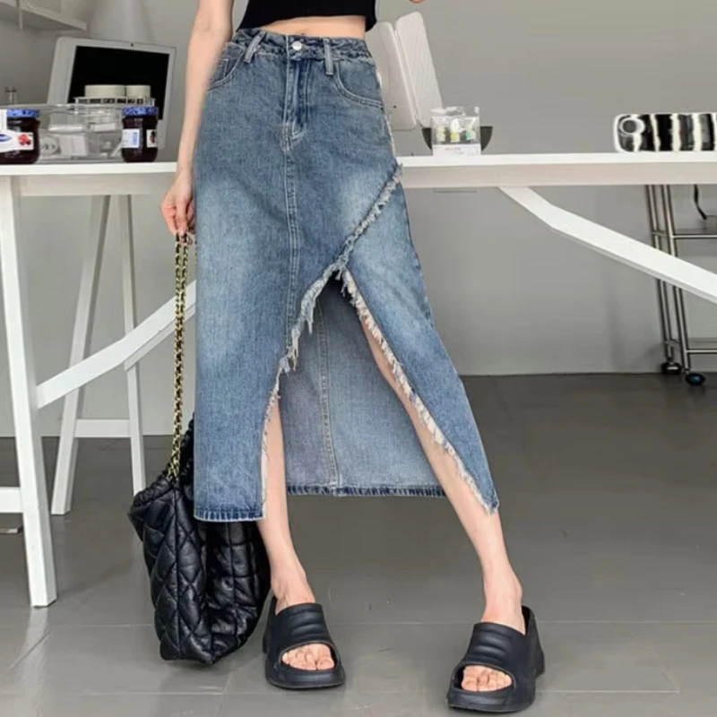 

Denim Skirts Women Mid Length Skirt Maxi A Line Y2k Irregularity High Waist Blue Casual Elegant Splice Summer Punk Streetwear