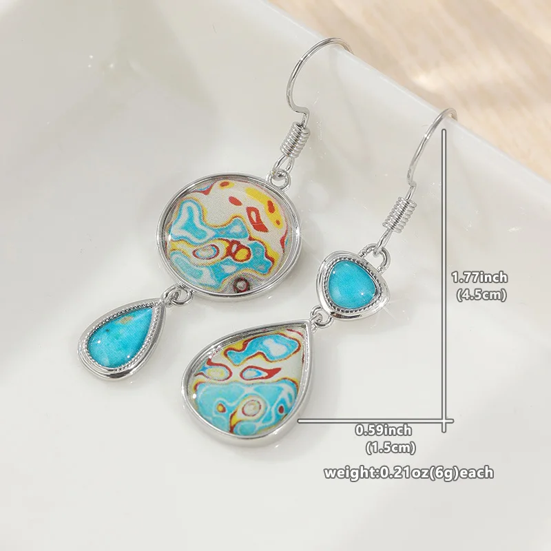 Ethnische geometrische Inlays mit Türkis-Imitat, Damenohrringe, Vintage-Stil, silberfarbenes Metall, runde Muster, baumelnde Ohrringe für Damen – Detail 3