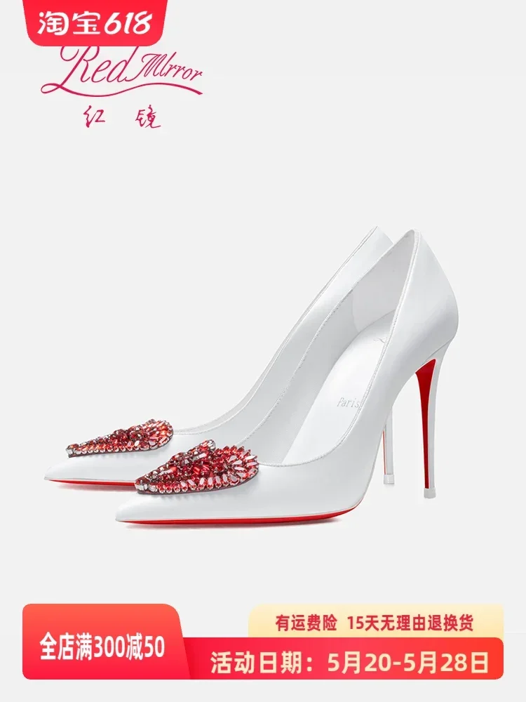 Red Bottom Love Water Diamond Shallow Mouth Pointed White High Heels, Women\'s Style Mingyuan Slim Heels