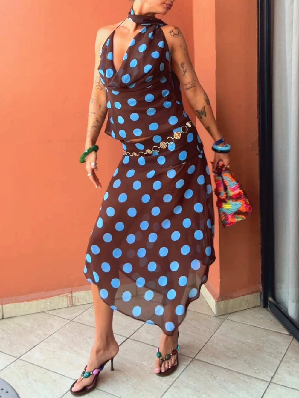 

Retro sexy women's polka dot suit scarf V-neck backless top asymmetric skirt fashion summer 2025 beach elegant holiday suit