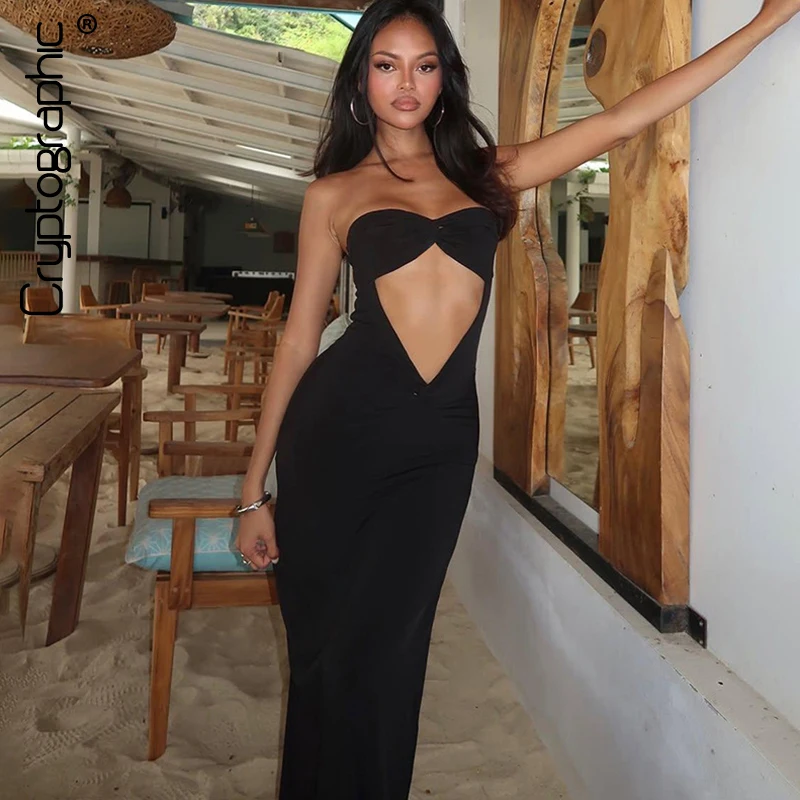 

Cryptographic Hot Sexy Strapless Long Dress Summer Outfits for Women Vacation Club Party Black Cut Out Split Dresses Clothes
