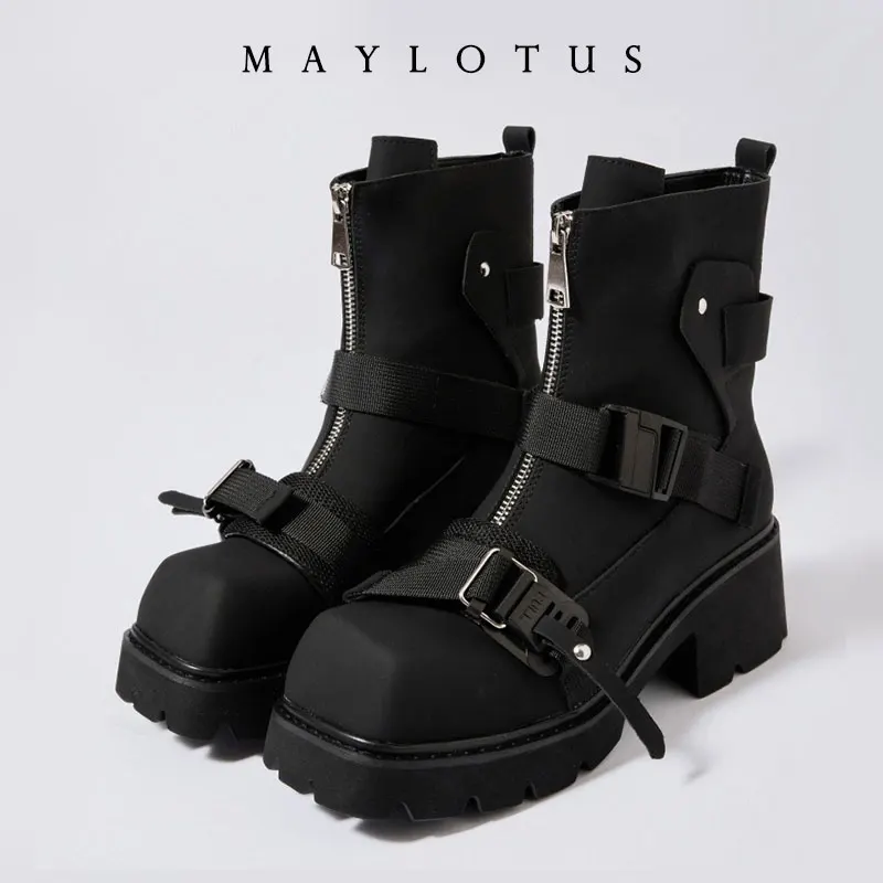 New Boots Women Thick Bottom Zipper Designer Shoes for Women Fashion Belt Buckle Short Botines Autumn Winter Ankle Boots