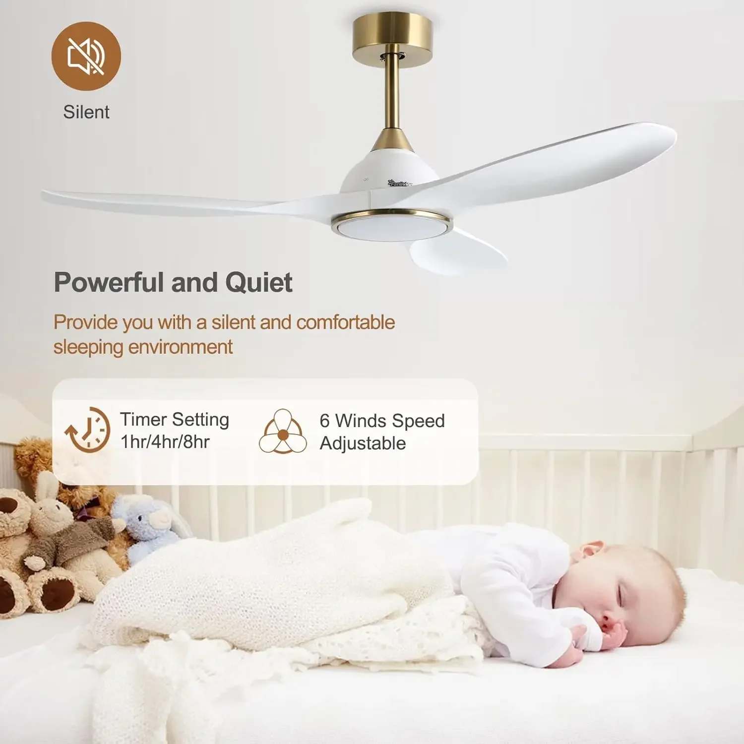 Kipas angin langit-langit Modern CFM, kipas angin langit-langit Modern dengan lampu, 3 bilah emas putih dalam ruangan kamar tidur 52 inci 6 kecepatan