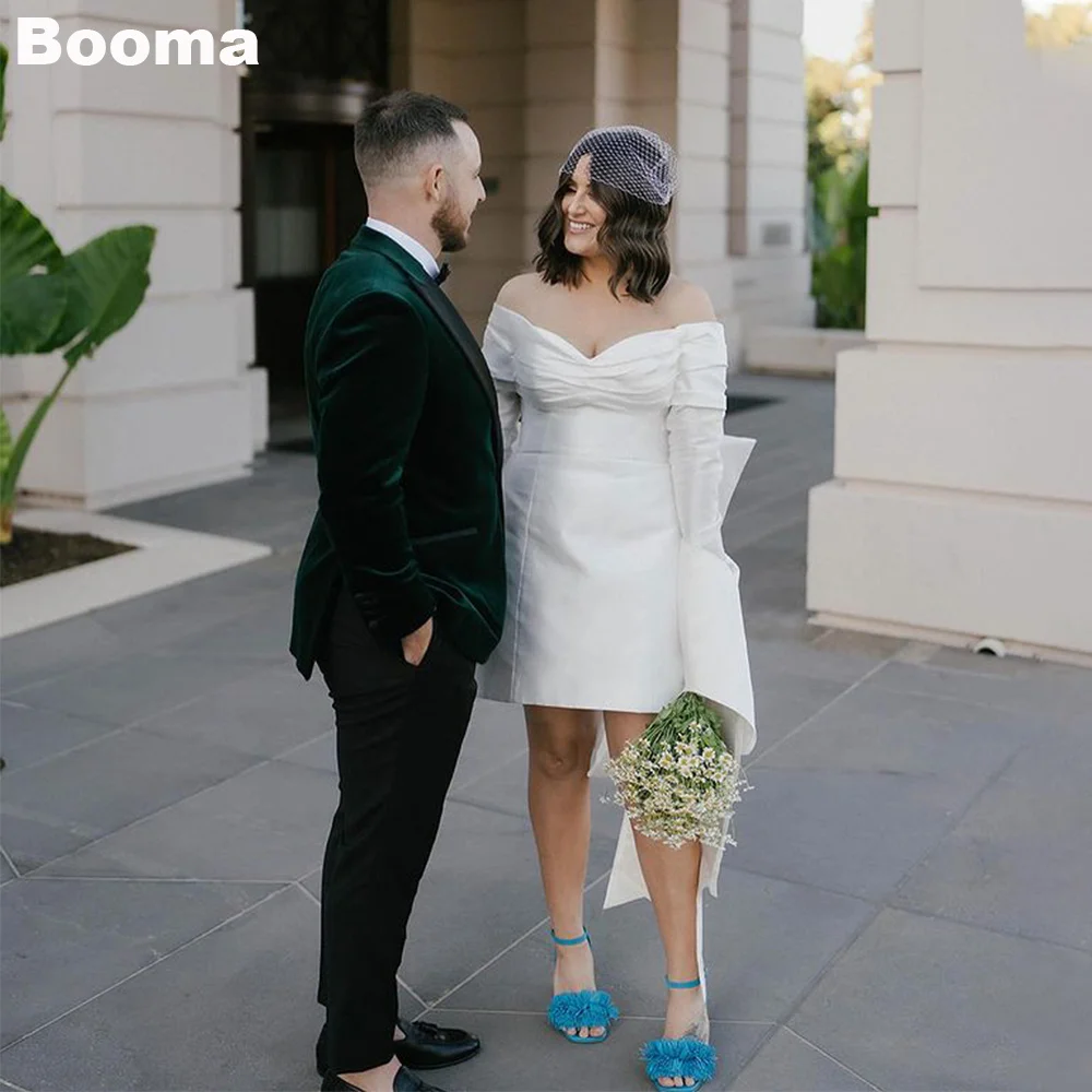 Booma Short Wedding Party Dresses Off Shoulder Long Sleeves Stain Brides Gowns for Women Big Bow Draped A-Line Cocktail Dress