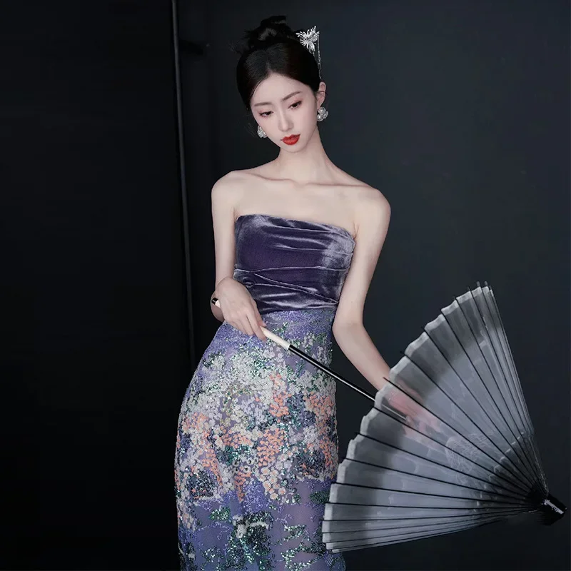 

Lady Velour Strapless Vestidos De Festa Luxury Mermaid Sequin Dresses Women Sexy Bride Wedding Banquet Gown New Chinese Dress