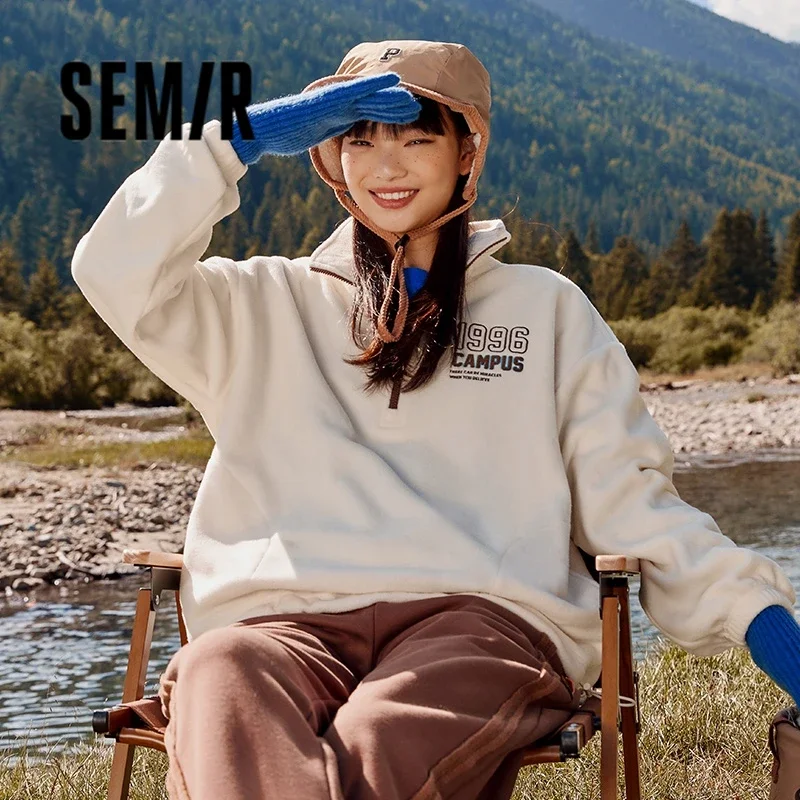 Semir Women Sweater Antistatic Polar Fleece 2023 Winter New Casual Embroidery Stand Collar Casual Half Zipper Sweater