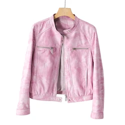 Pink Leather Cropped Jacket For Women 2024 Autumn Stand Up Collar Pocket Real  Leather Short Coat Feminino Locomotive Jaqueta