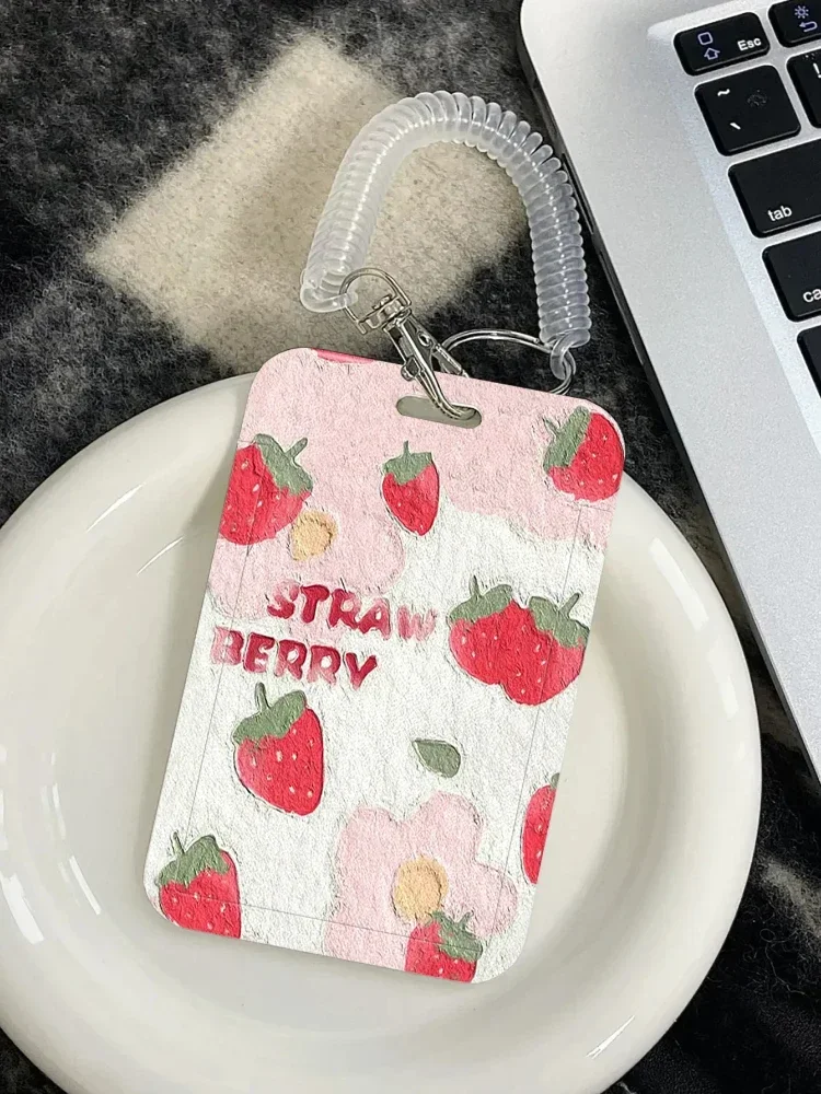 Strawberry Flowers Business Card Holder with Retractable Spring Cord for Bus Campus Lunch Card Door Card Kpop Photocard Holder