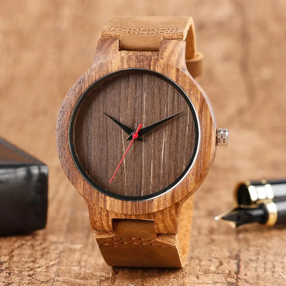 Unisex Top Gift Dial Natural Bamboo Wood Watch Men Women Genuine Leather Wooden Clock Male Reloj Mujer Relogio Feminino