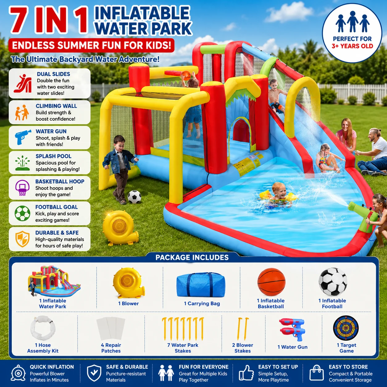 

7 in1 Inflatable Slide Water Park Bouncing House Outdoor Soccer Garden Bouncer with Splash Pool & Water Gun & Climbing Wall & Basketball & Football