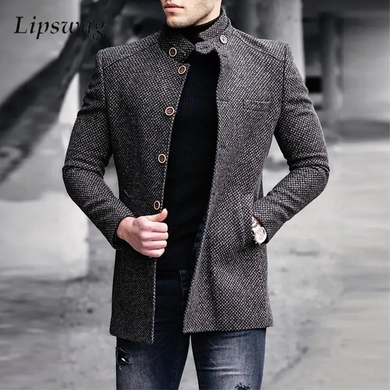 Fall Winter Casual Mens Slim Jackets Vintage Button Stand Collar Jacket Coat For Men Fashionable Plaid Textured Outerwear Coats