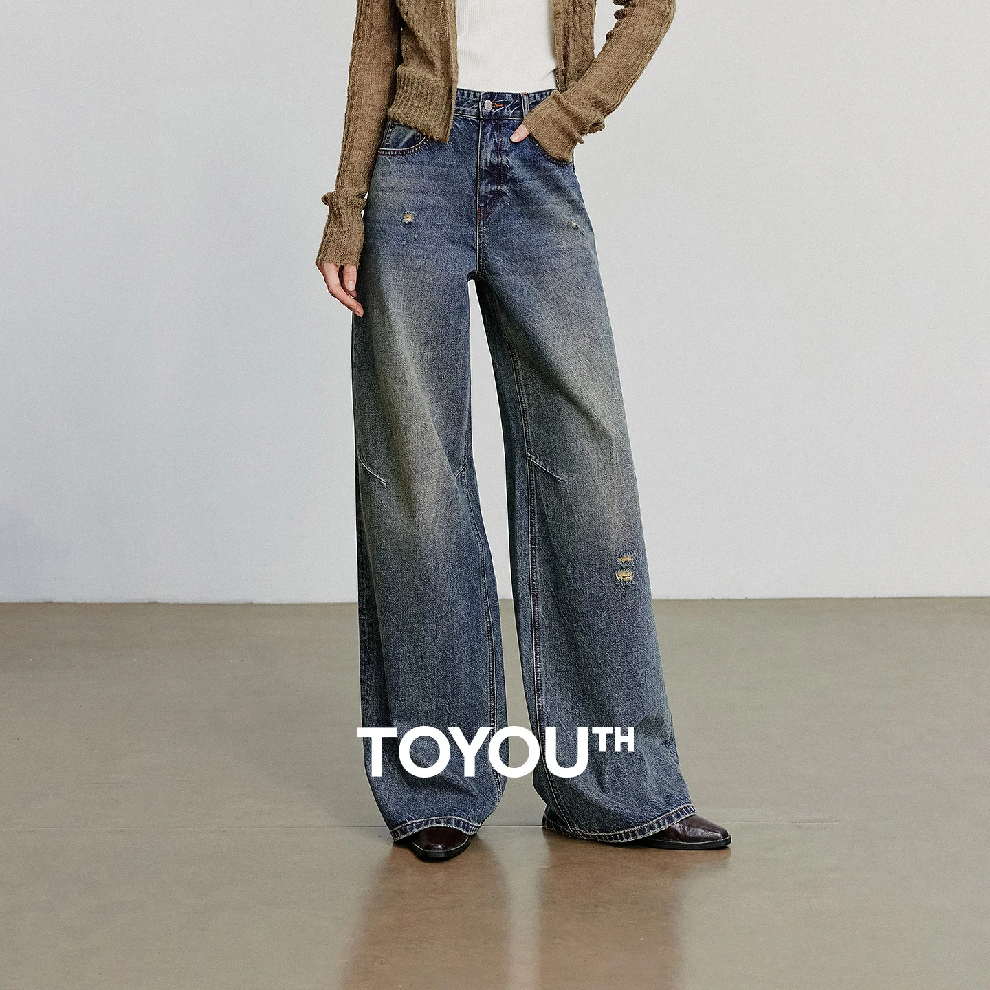 TOYOUTH Women Denim Jeans 2025 Autumn New Ripped Streetwear Wide Leg Straight Trousers