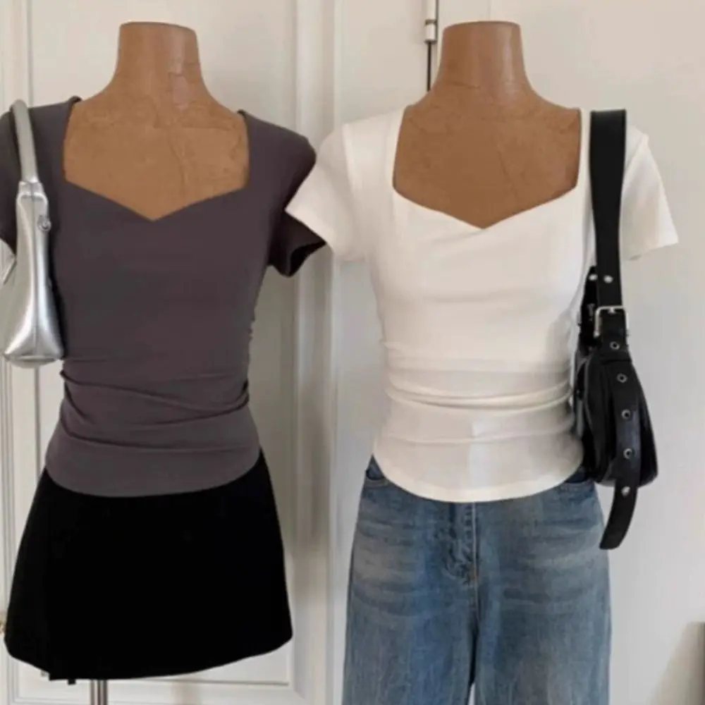 

Simple Slim Fit Y2K Crop Tops Short Sleeves Pleated Korean T-shirt Women Clothing Summer Solid Short T-shirt Party