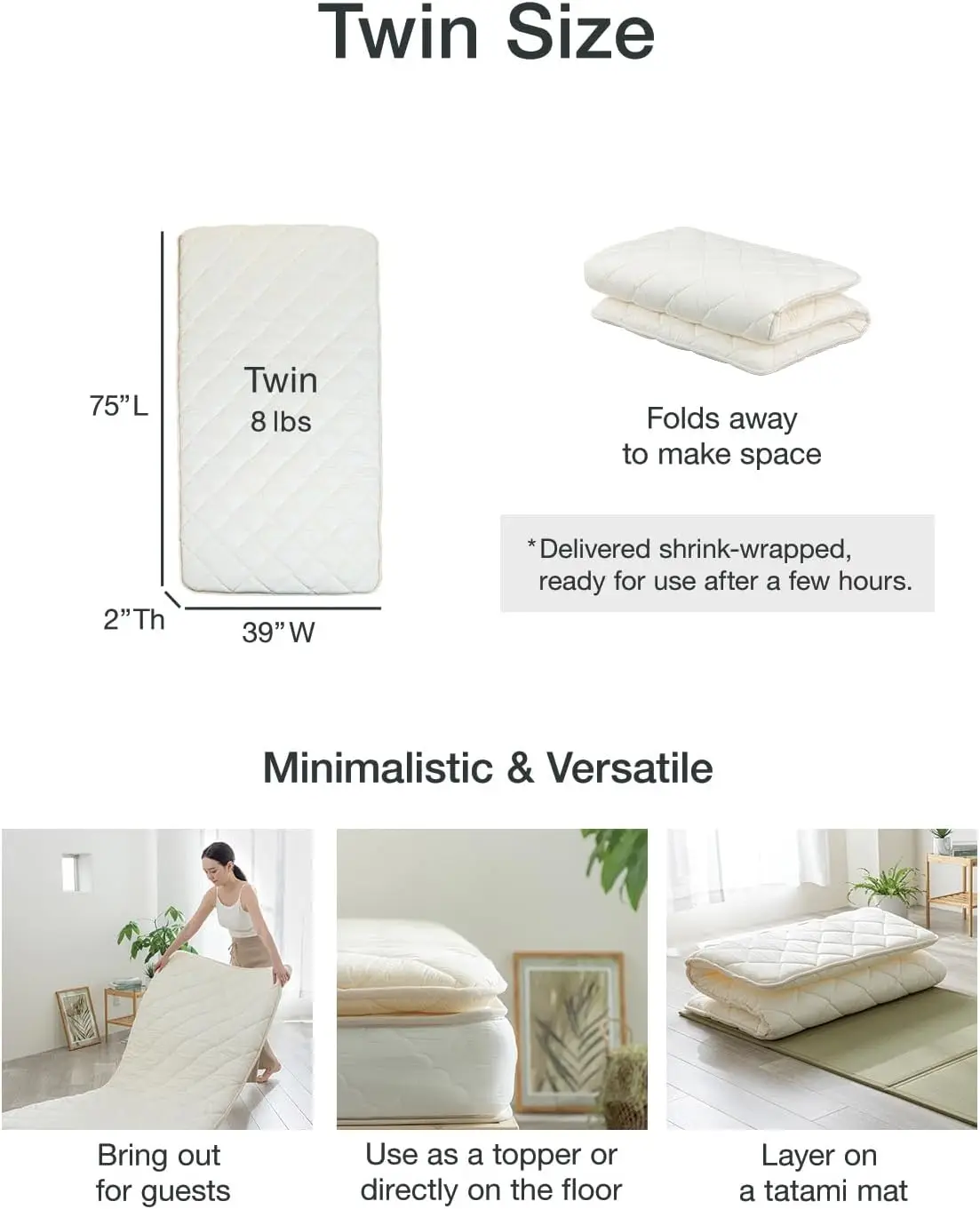 Guest Room Medium Firm Quilted Cotton Futon - Portable Roll-Up Japanese Floor Bed, Twin White