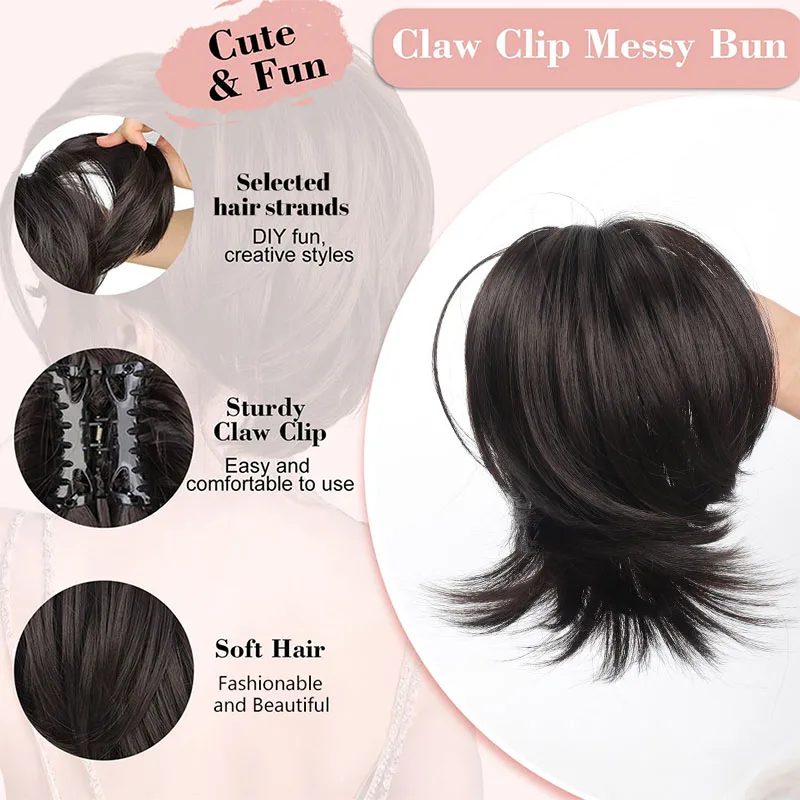 Moño desordenado para mujer, pieza de cabello con Clip de garra en bollos, pieza de cabello para mujer, extensión de cola de caballo alta corta recta, Tousled Updo para niñas