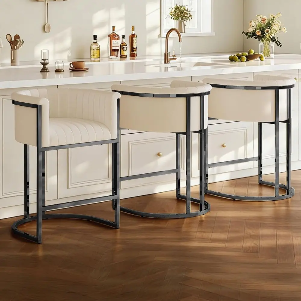 

ern Counter Height Bar Stools,Bar Stools Set o 3,abric Upholstered Barrel Barstools with Backs and Arms,26'' Kitchen Island Chai