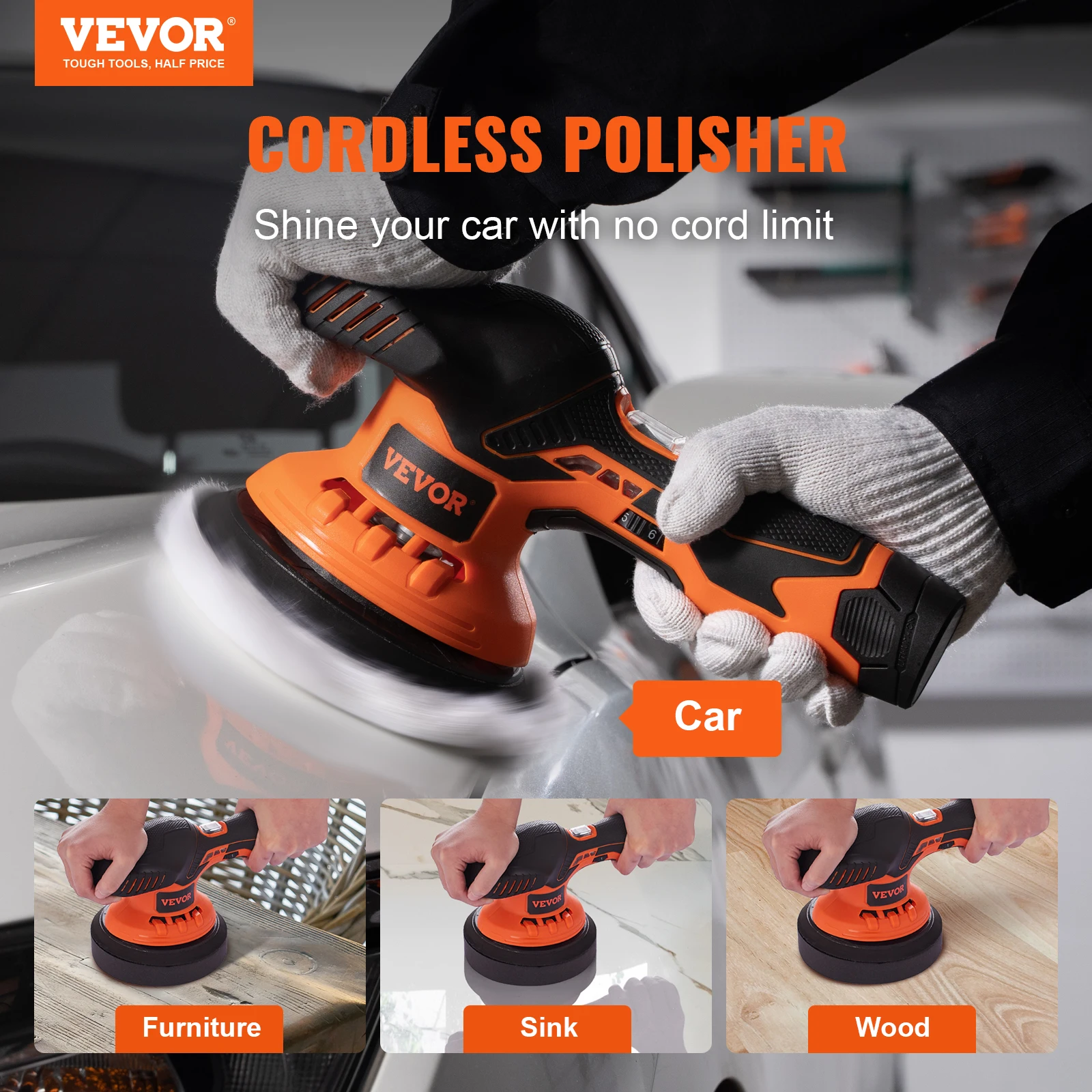 VEVOR Cordless Buffer Polisher 6-inch Cordless Car Buffer Polisher 6 Variable Speed 4 Polishing Pads for Car Detailing Sanding