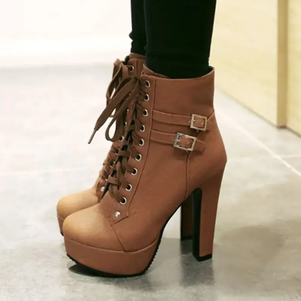 QPLYXCO 2017 New Super Big & small Size 30-50 autunno inverno stivaletti scarpe stivali corti da donna stringate tacco alto (12CM) C-3