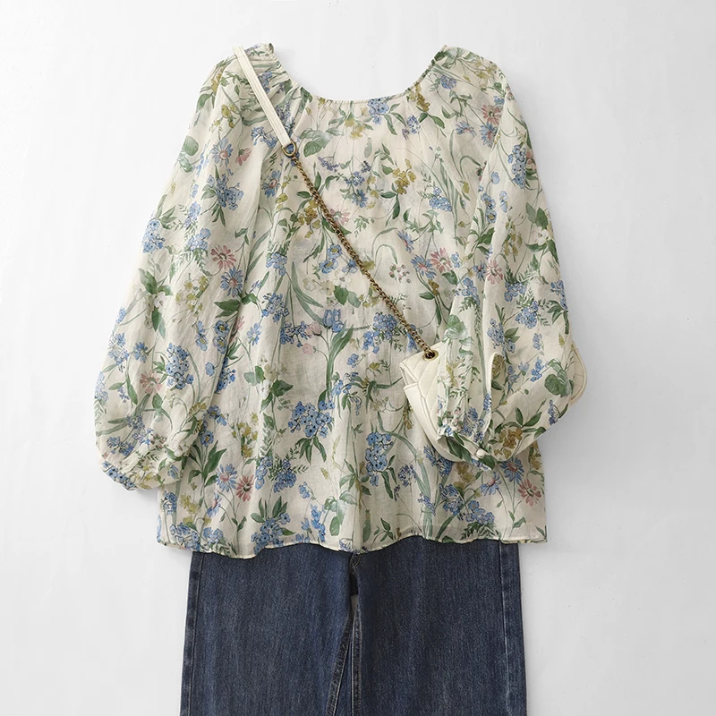 로맨틱 프린트 리넨 셔츠 여성 초가을 하이 엔드 디자인 감각 작은 v 넥 태양 보호 리넨 긴 소매 탑