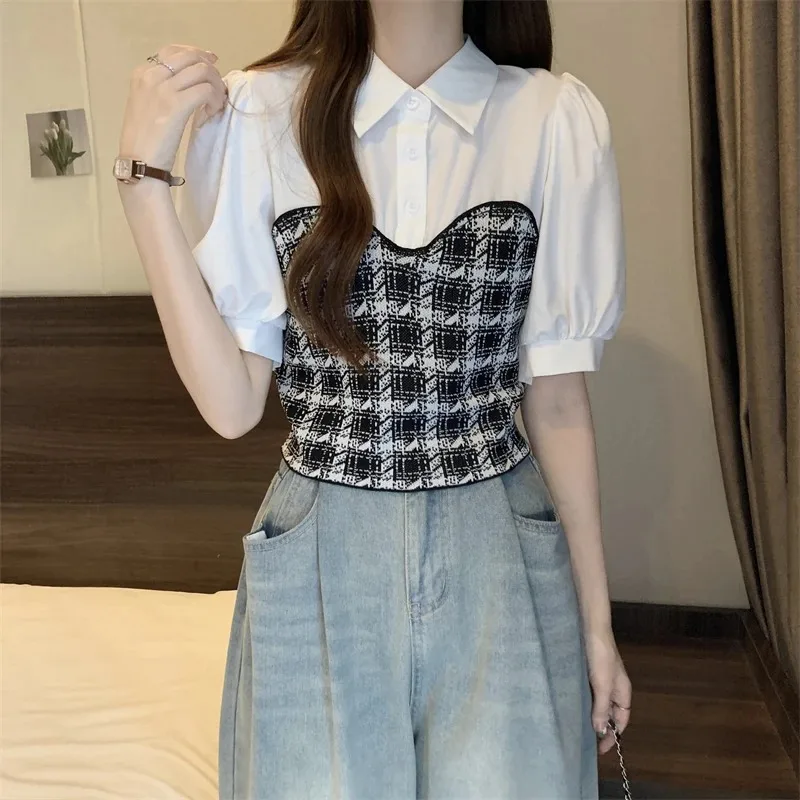 

Women's Fake Two-Piece Puff Sleeve Blouse Polo Collar Knit Patchwork Top