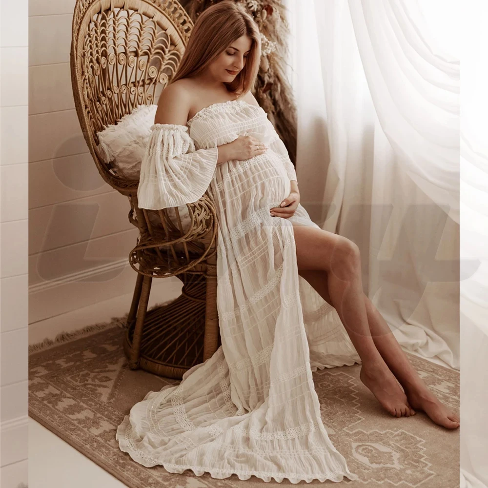 Maternity Dresses Elegant White Pleated Chiffon Pregnant Women Off Shoulder Photoshoot Photography Dress For Women