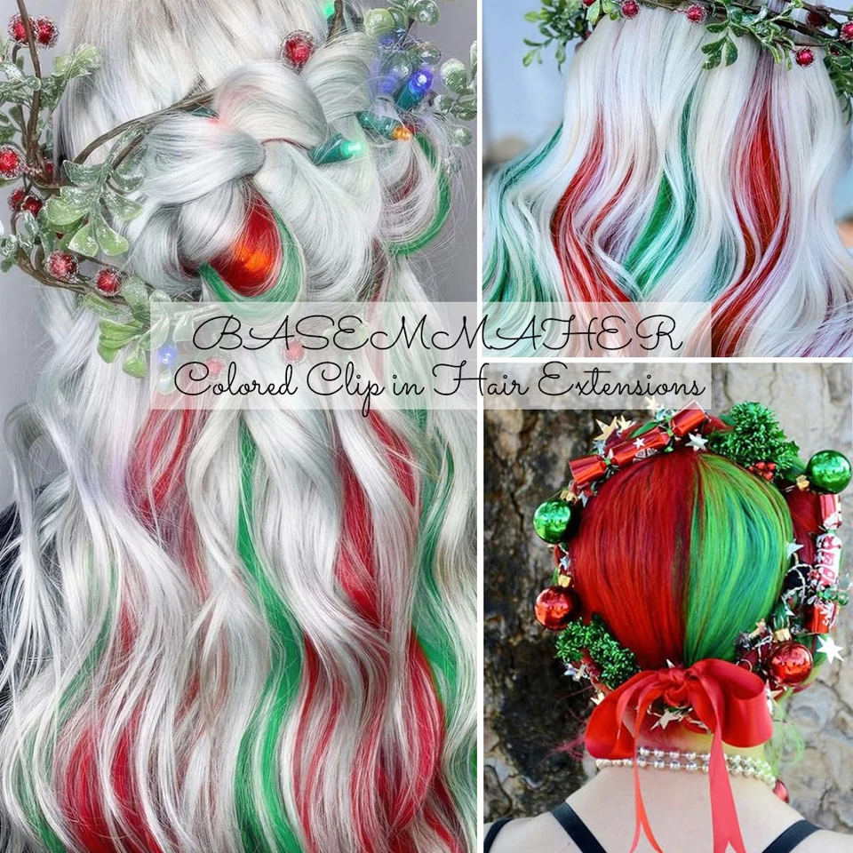 Ekstensi Rambut Warna Sintetis Rambut Lurus Warna-warni Highlight Potongan Rambut Aksesoris Rambut untuk Wanita Hadiah Natal Tahun Baru