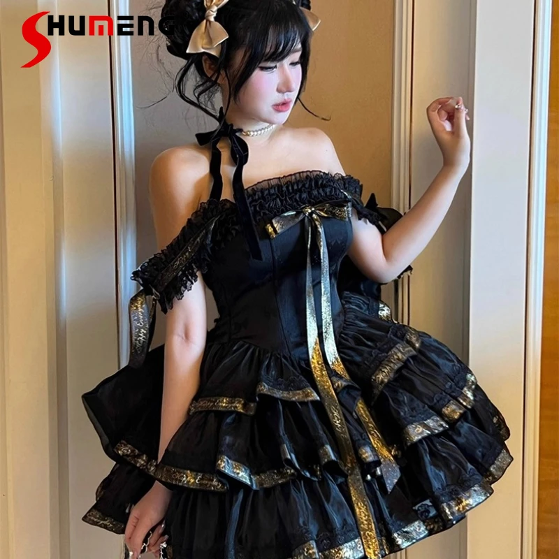 

Sweet Princess Style Off-Shoulder Puffy Dress Women Slim Fit Elegant Anniversary Party Dress Girls Cute Bow Lace Lolita Dress