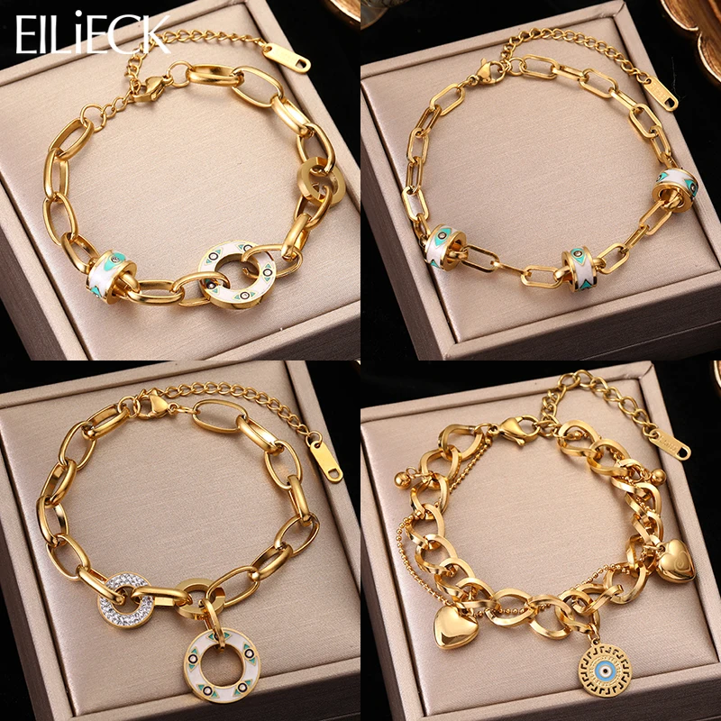 EILIECK 316L Stainless Steel Geometry Circle Charms Bracelet For Women Men Fashion Non-fading Bangles Wrist Jewelry Gift Bijoux