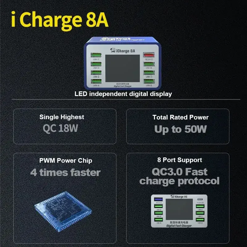 ช่าง iCharge 8A 8C USB Fast Charger 8 พอร์ตสมาร์ทดิจิตอลจอแสดงผล PD QC เดสก์ท็อปสถานีชาร์จโทรศัพท์ PC ซ่อม