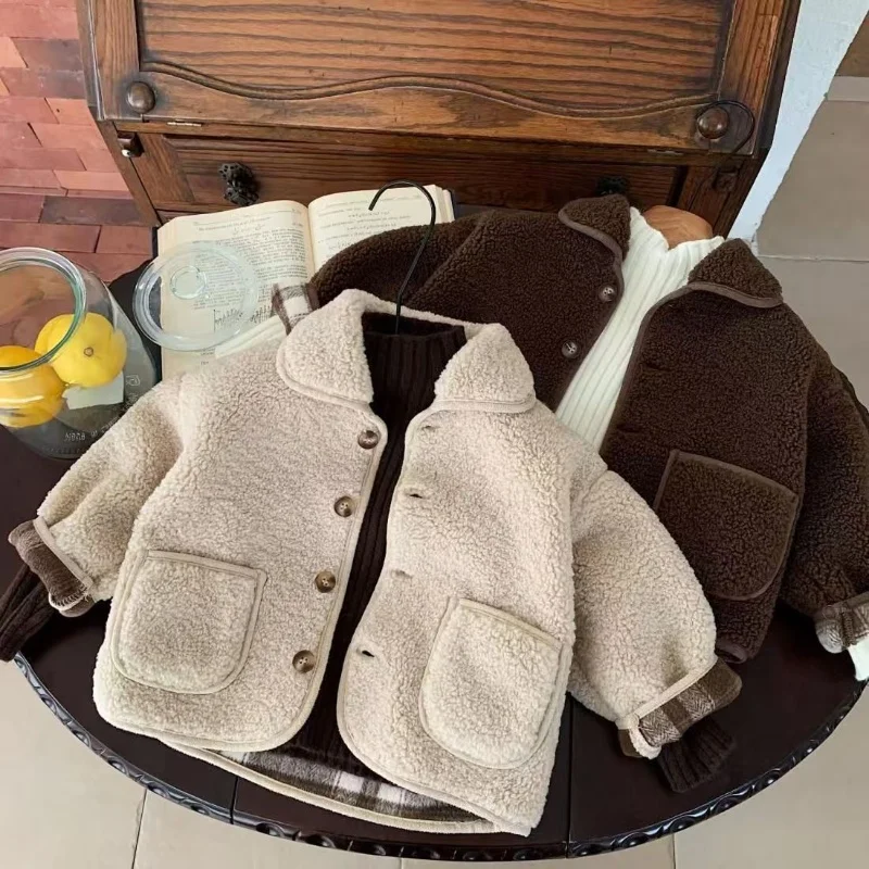 80-140CM Boys Velvet Thick Wool Single Breasted Coat 2025 Autumn/Winter New Warm Lamb Wool Top Baby Winter Girls Collar Coat