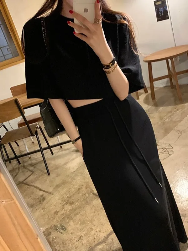 Chic Summer New Pure Color ort Sve T-irt High Waist Wide Leg Casual  Skirt Versatile High Waist Belted Wide Leg Ca...