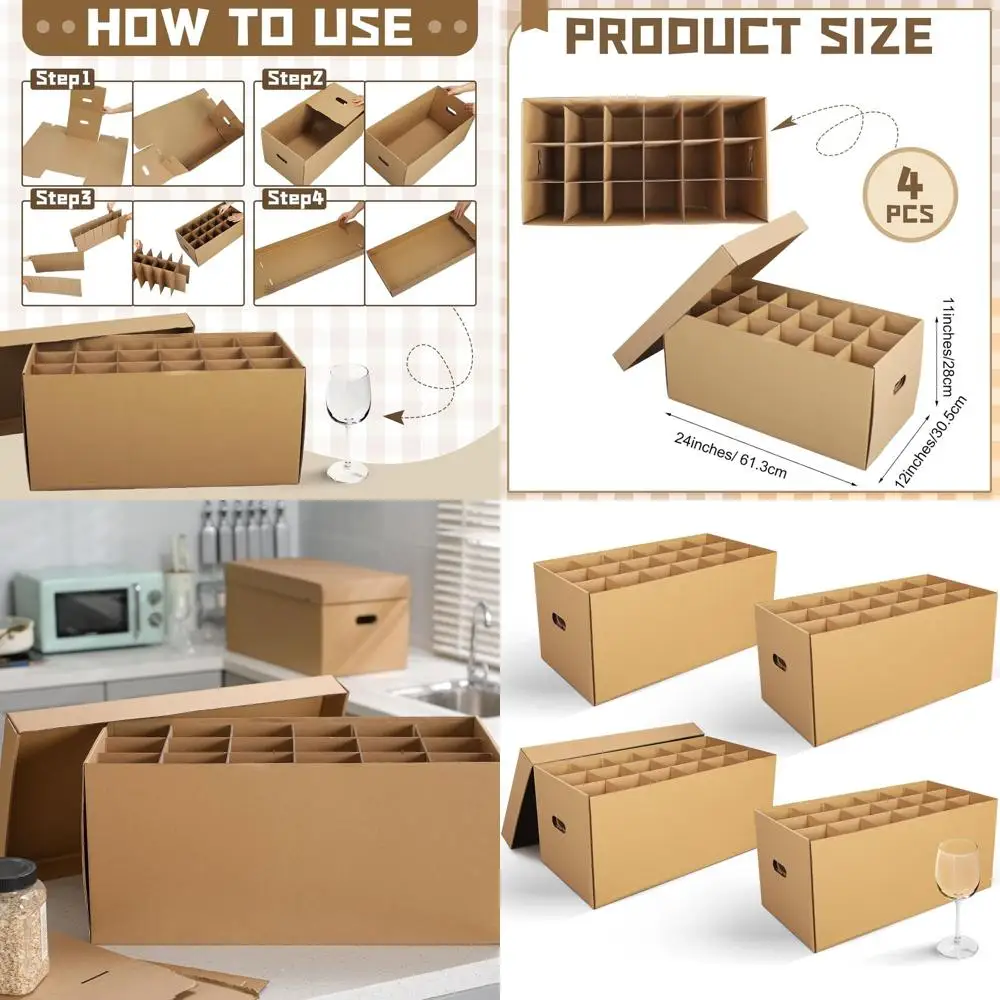 

Set of 4 Wine Glass Moving Boxes with Handle, Kitchen Kit, Dish Glassware Storage (Brown, 24x12x11 Inches)