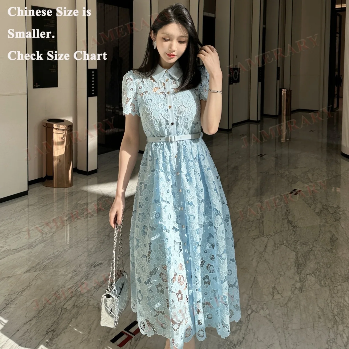 

Brand Summer Blue Hollow Embroidery Formal Evening Long Dresses Women Single Breasted Embroidery Lace Midi Dress Bridesmaids