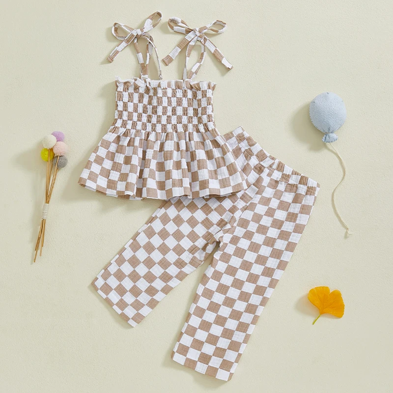 Little Girl Checkered Outfit, Tie Shoulder Shirred Babydoll Tops Elastic Waist Long Pants 2 Pcs Summer Set