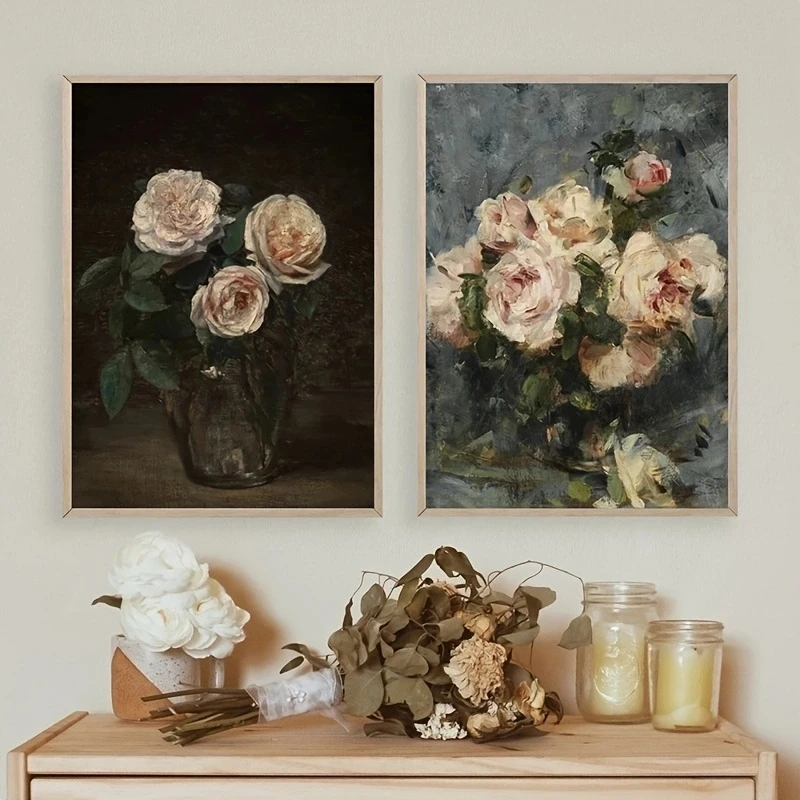1 Pieza de Póster de Diamante con Pintura al Óleo de Flores Antiguas, Impresión Floral de Rosas de Jardín Vintage, Cuadros Retro Botánicos para Pared de Galería, Decoración del Hogar