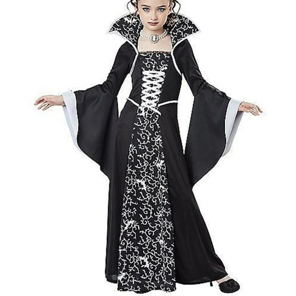 Retro Stand Collar Halloween Clothing Bell Sleeve Lace Up Halloween Witch Long Dress Funny Party Children Medieval Printed Dress