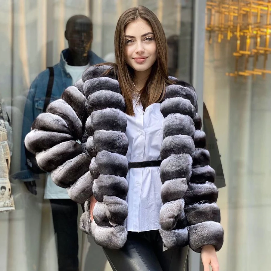 

Real Fur Coat Women Chinchilla Fur Genuine Rex Rabbit Fur Coat Best Seller Long Warm Winter Outerwear