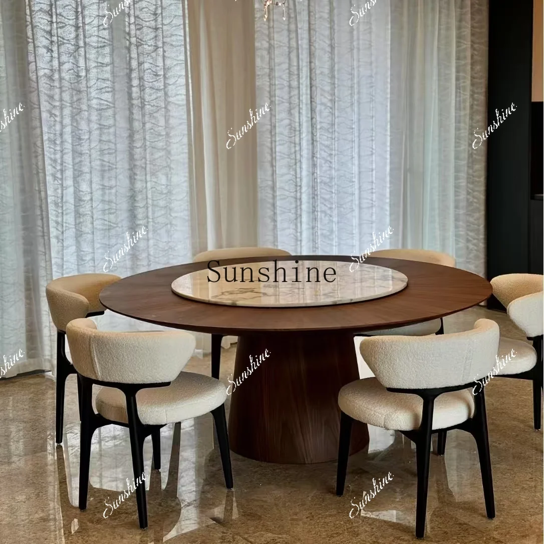 Medieval round walnut solid wood modern simple marble turntable dining table  FT