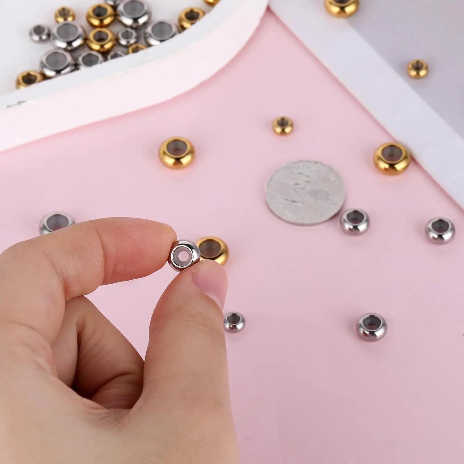 Stainless Steel Stopper Beads, Adjustable Slider Beads Spacer Beads,Insert Rubber Locating Rings for DIY Jewelry Making image 3