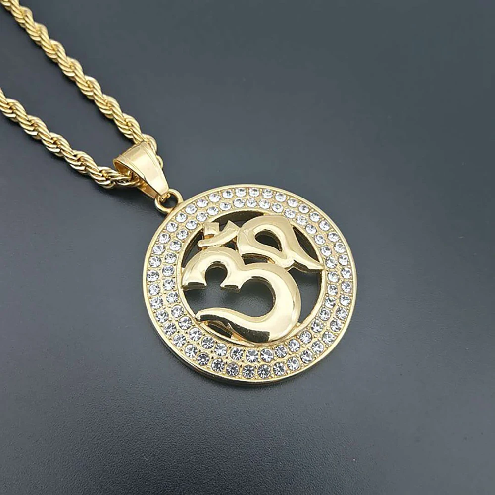 Hip Hop Iced Out Yoga Pendant Necklaces Gold Color Stainless Steel OHM Hindu Buddhist AUM OM Necklace For Men Women Jewelry Gift