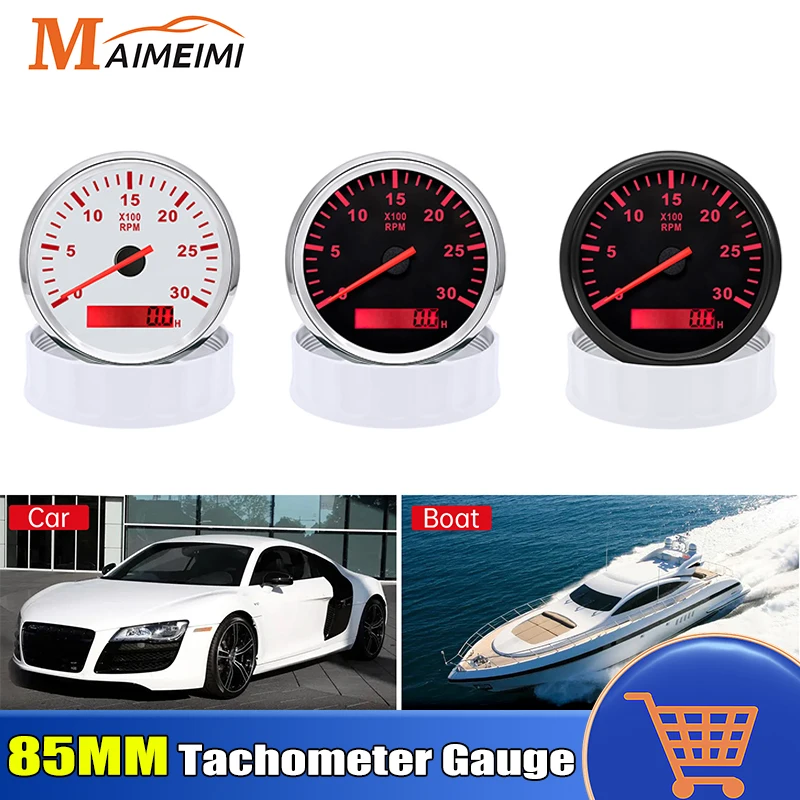 

85mm Tachometer Tacho Gauge with Digital Hourmeter M16 M18mm RPM Sensor Universal For Car Boat Tacho 3000 4000 6000RPM Meter